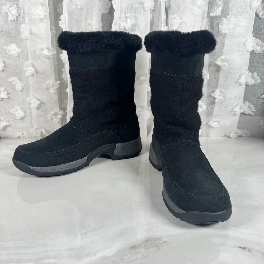 Sporto Black Insulated Winter Boots Leather Upper Faux Fur Trim Pull On Size 9M